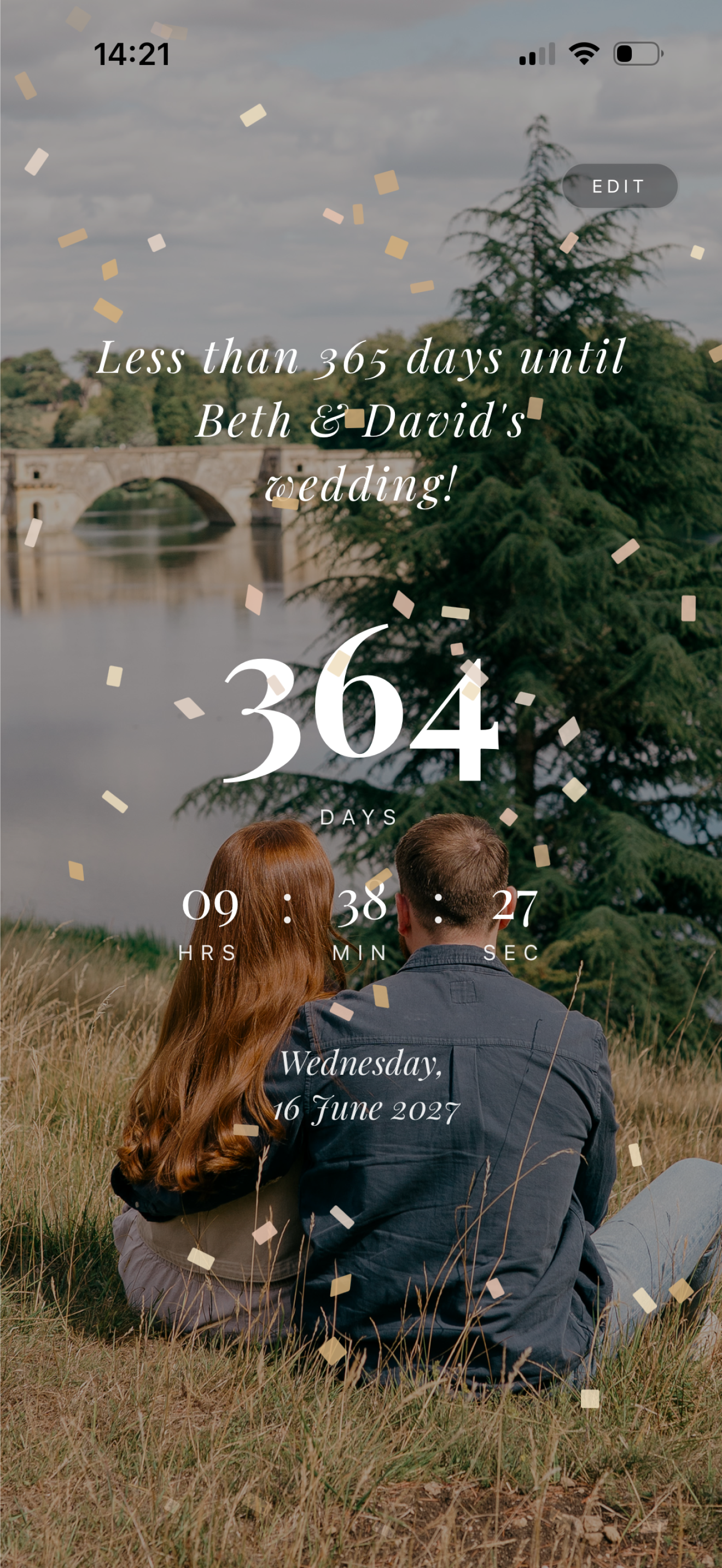 Until I Do app showing a wedding countdown with confetti